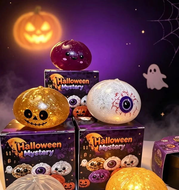 Halloween Mystery Bun Squeeze Toy Blind Box Glitter Squishy Fidget Toy Horror Eyeball Pumpkin Shape ASMR Stress Relief Toy